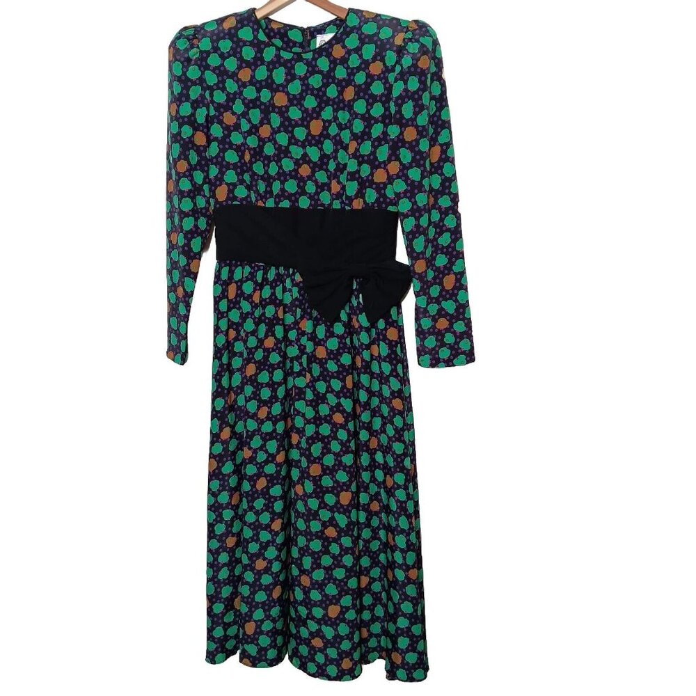 Vintage 80s Act I New York Size 7/8 Dress Midi Floral Black Green Purple Dot Bow
